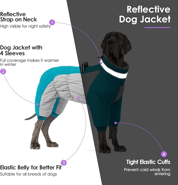 SUNFURA Full Body Dog Coat - Warm Fleece Jacket for Large Dogs, Turtleneck Winter Coats with Harness, Reflective Windproof Dog Snowsuit with Legs for Labrador,Golden Retriever, Turquoise 2XL