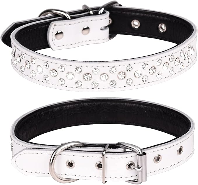 Rhinestones Dog Collar, Adjustable Sparkly Crystal Studded Genuine Leather Pet Dog Collar for Small and Medium Dogs (L, White)