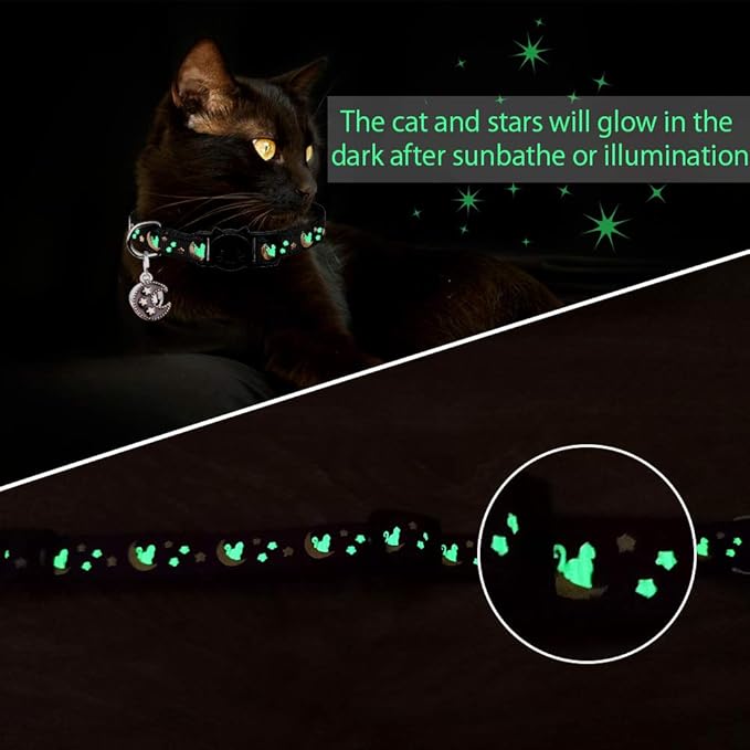 2Pcs Breakaway Cats Collars Cat Collars for Boy Cats Kitten Collars with Bell & Pendant Glow in The Dark,Black+Purple