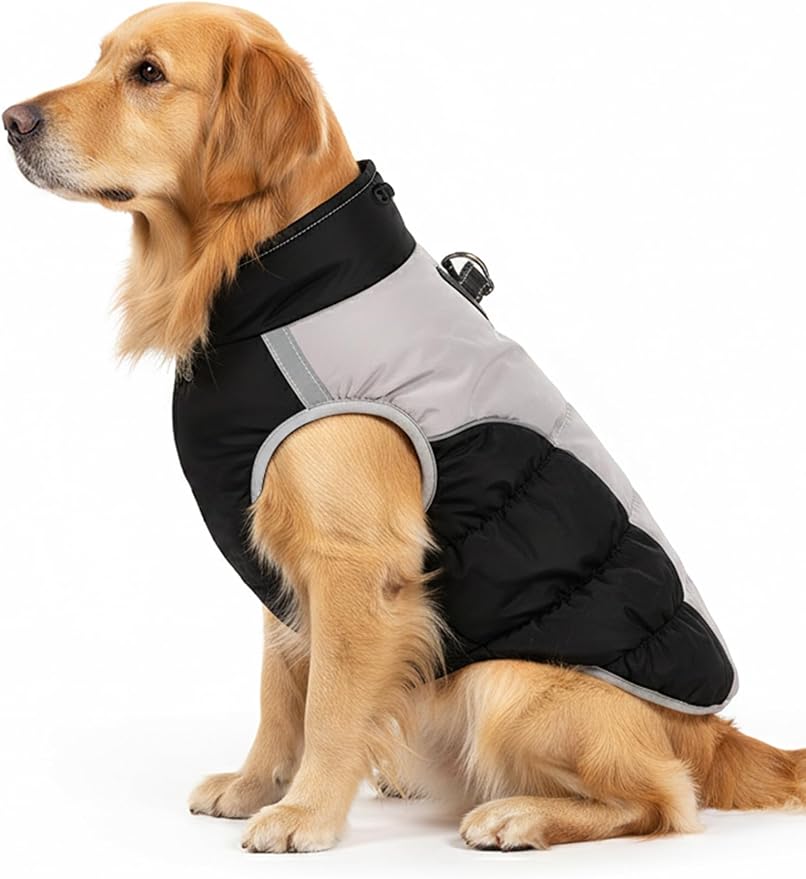 AURUZA Dog Coat, Warm Dog Winter Coat Waterproof Small Dogs Jacket with Harness Built Reflective Pet Vest with Zipper for Medium Dogs Windproof Pet Fleece Vest Snow Jacket for Cold Weather（Black,3XL）