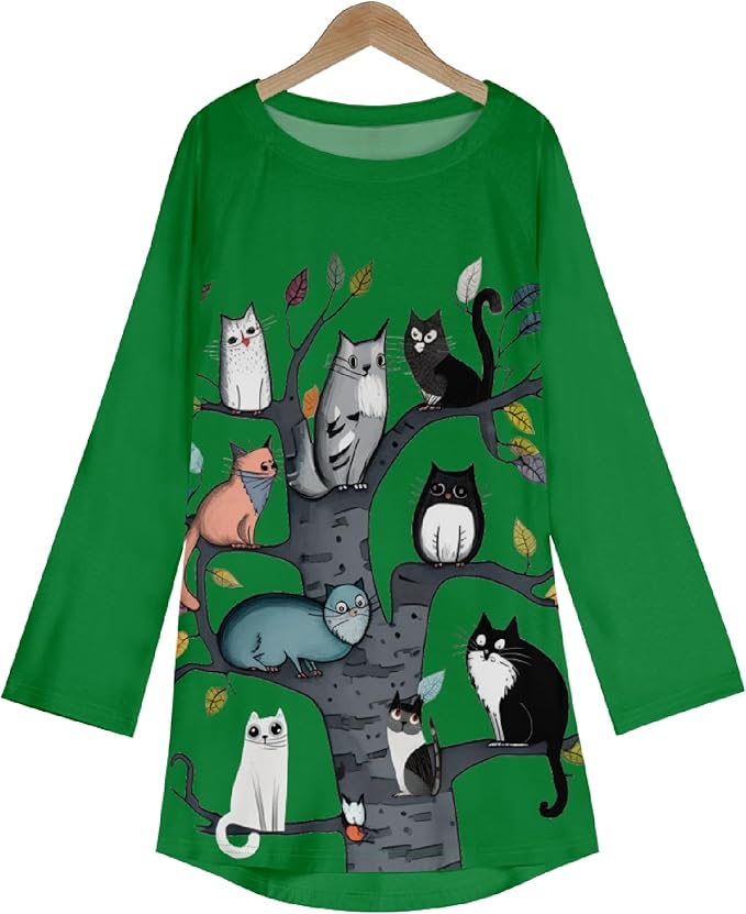 Womens Tunic Shirt Cute Cat Print Long Sleeve Round Neck Women T Shirts Cotton Casual Plus Size Vacation Tunics Tops