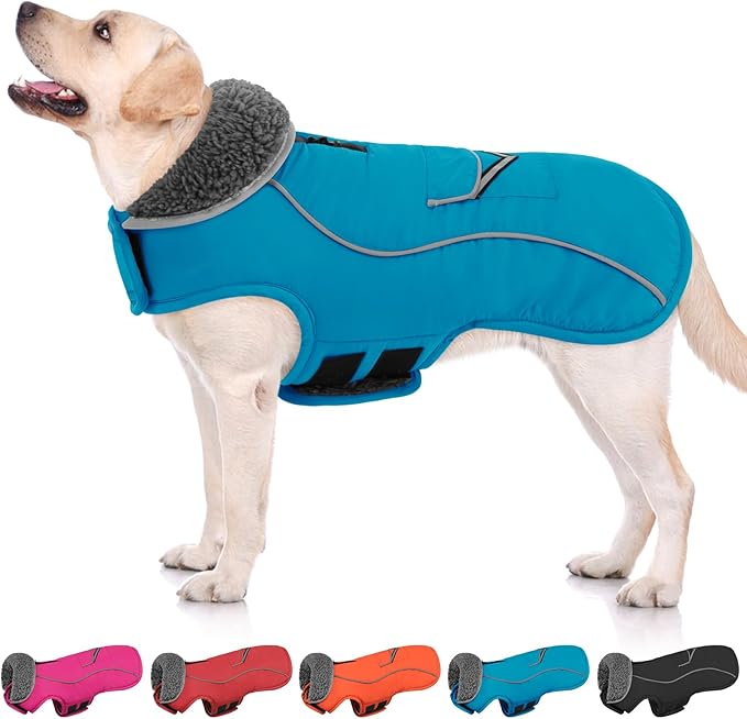 SUNFURA Large Dog Coat, Warm Dog Winter Coat Jacket with Thick Furry Collar, Adjustable Pet Fleece Jacket Turtleneck Snowsuit for Large Dogs for Chilly Day, Turquoise XL