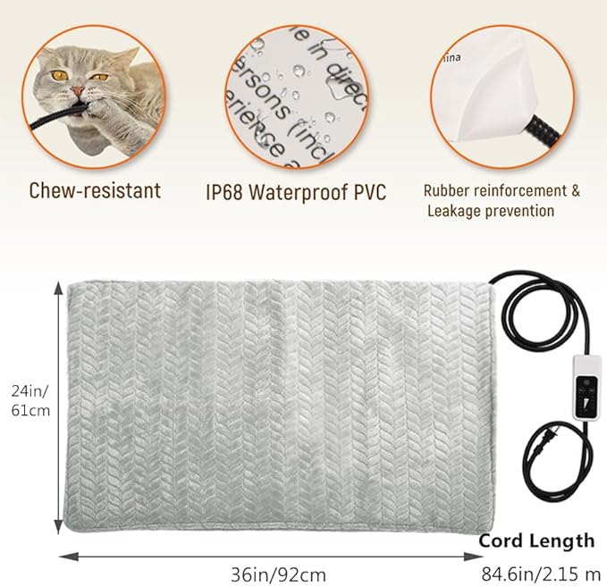 Heeyoo Pet Heating Pad, Adjustable Temperature Dog Cat Heating Pad with Timer, Waterproof Heated Dog Bed with Chew Resistant Cord, Auto Power-Off Indoor Pet Heated Mat for Dogs and Cats, 36" x 24"