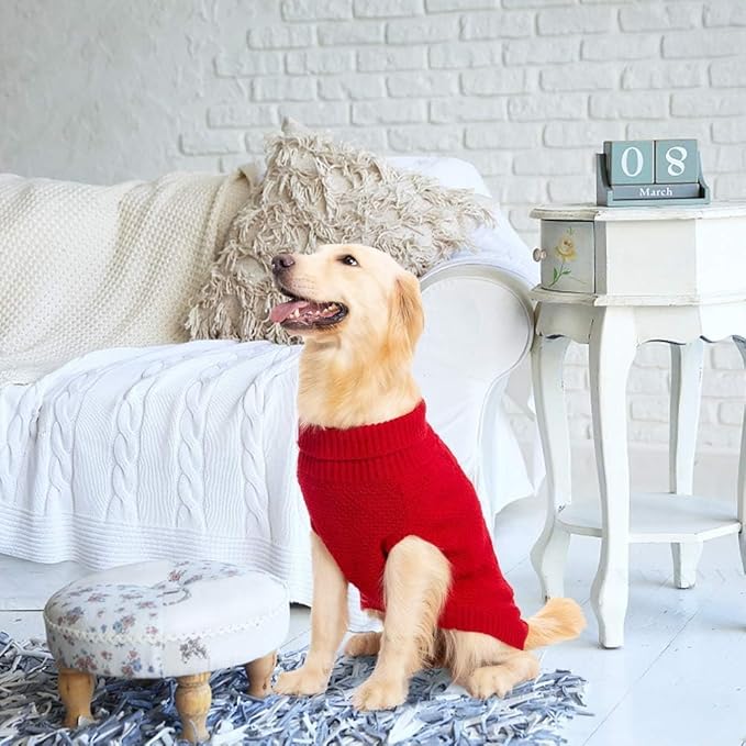 Mihachi Turtleneck Dog Sweater - Winter Coat Apparel Classic Cable Knit Clothes with Leash Hole for Cold Weather, Ideal Gift for Pet in New Year Red 2XL
