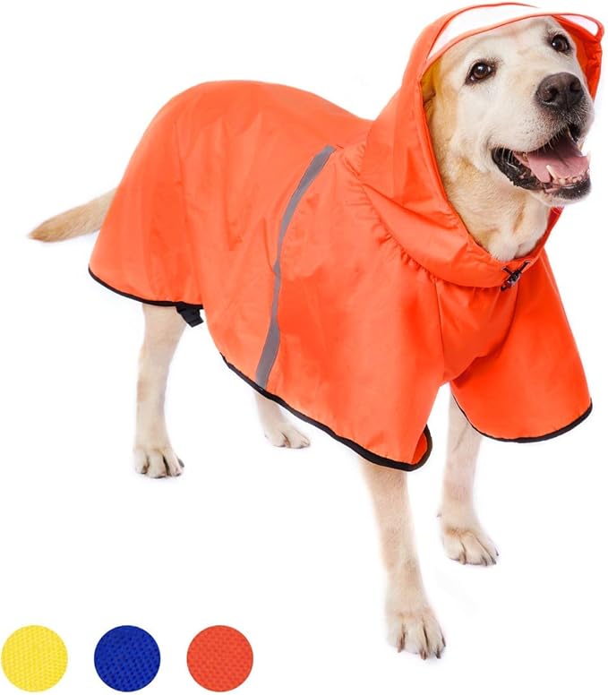 Dog Raincoat with Adjustable Belly Strap and Leash Hole - Hoodie with Reflective Strip - Waterproof Slicker Lightweight Breathable Rain Poncho Jacket for Medium Large Dogs - Easy to Wear, Orange 4XL