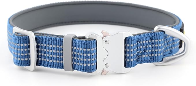Plutus Pet Reflective Dog Collar with Aviation Aluminum Buckle, Neoprene Padded for Comfort, Lightweight, Heavy Duty Nylon Collar for Puppy Small Medium Large Dogs (Blue, L)