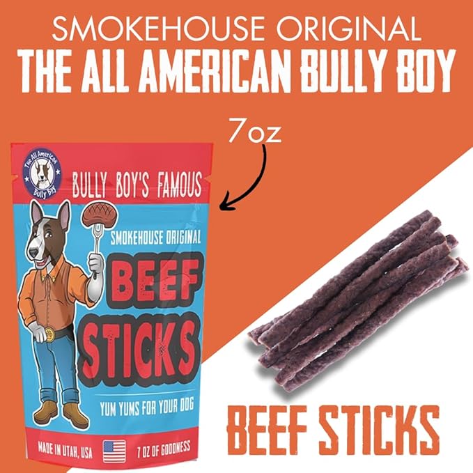 Bully Boy's Famous Beef Sticks Dog Treats | Free from Wheat, Corn, Soy, or Gluten | USA Sourced Ingredients | with Smokehouse Beef | Made in Utah | 7 oz - 2 Pack