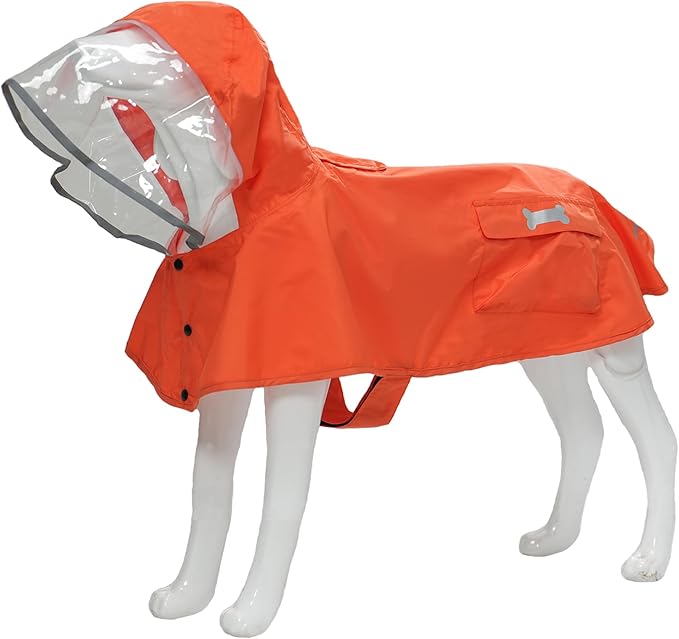 Dog Raincoat,Waterproof Rain Poncho with Hoodie, High Reflective Adjustable Pet Rain Jacket with Leash Hole for Small Medium and Large Dogs (Orange, Medium: 13-22lbs)