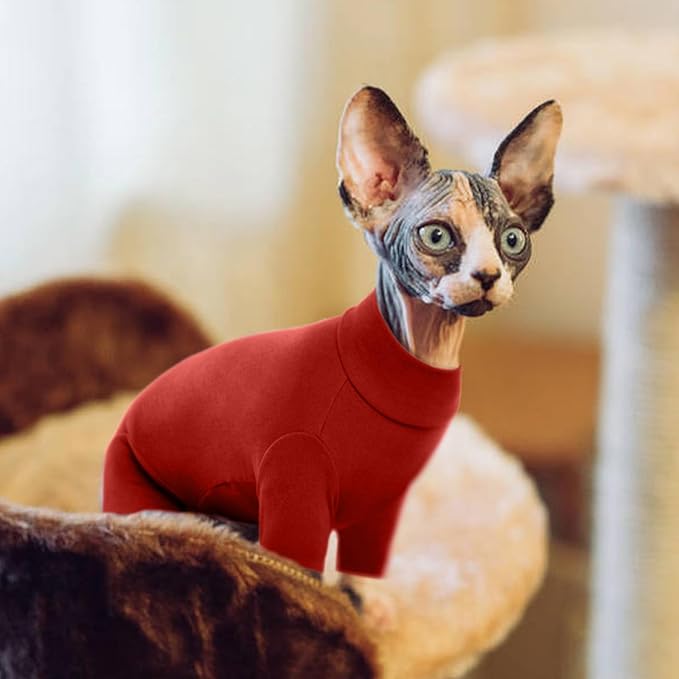 ROZKITCH Sphynx Clothes for Cats, Breathable Soft Cat Jumpers for Cats Only, Cat Coat with Four Legs, Warm Sweater T-Shirt Pajamas Jumpsuit Vest Cornish Rex Devon Rex Peterbald Red 2XL