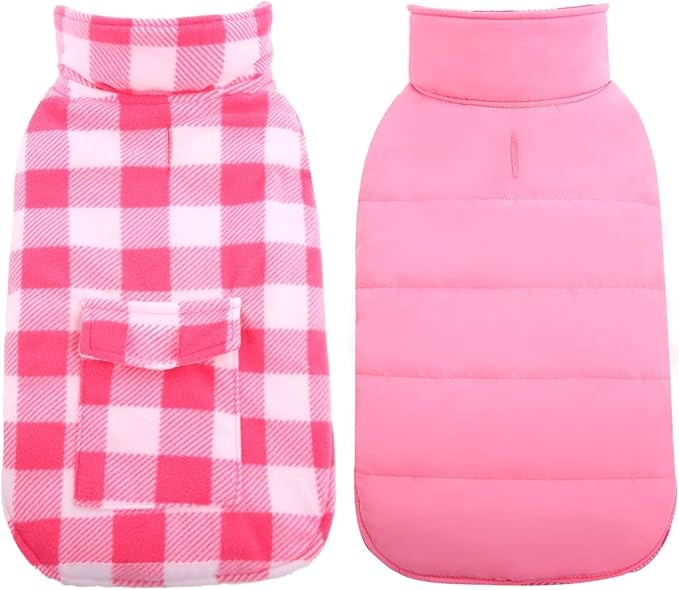 Kuoser Dog Winter Coat, Windproof Dog Fleece Jacket British Style Plaid Cold Weather Doggie Vest Coats, Reversible Cozy Warm Pet Clothes Apparel for Large Size Dogs XL