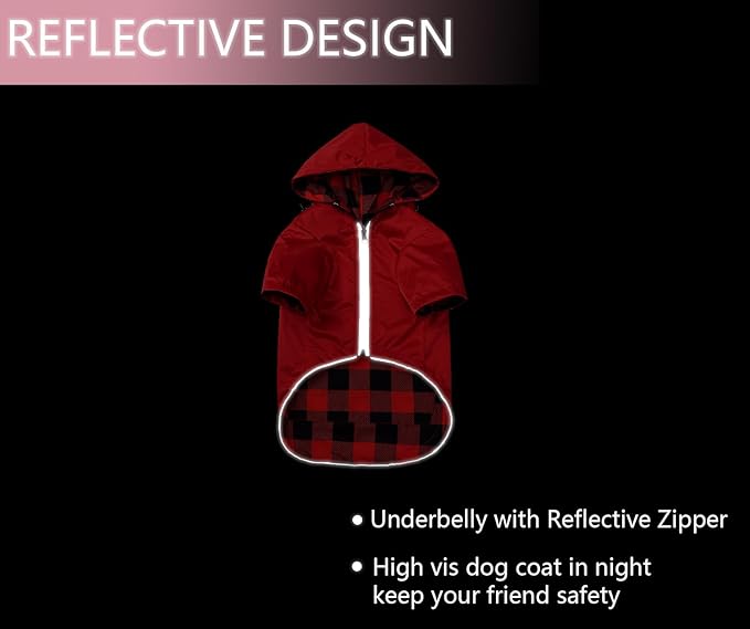 Dog Raincoat Dogs Waterproof Reversible rain Jacket Dog Small Medium Breeds Reflective Zipper Storage Pocket Harness Hole - Red - L