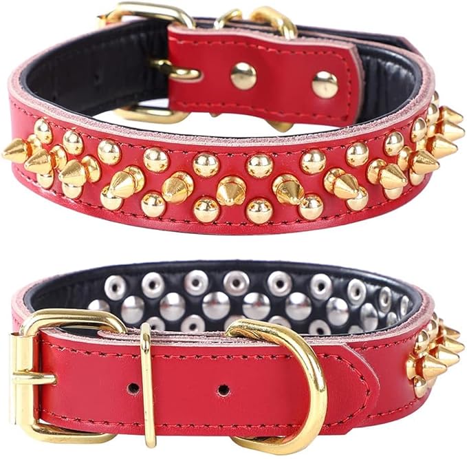 Adjustable Genuine Leather Spiked Studded Dog Collars for Small Medium Large Pets Like Pit Bull Bulldog Pugs Husky (M, Red2)