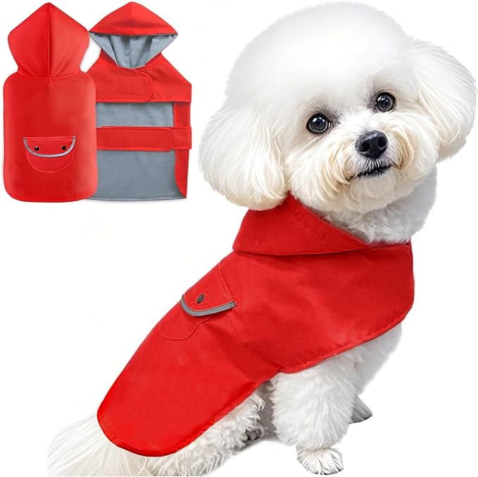 Dog Raincoat Dogs Rain Jacket Reflective Poncho Rainwear Waterproof Pet Clothes Pocket Warm Lined Hooded Leash Hole Adjustable Small Medium Dogs,Red,XXL,Back Length 16.0 Inch