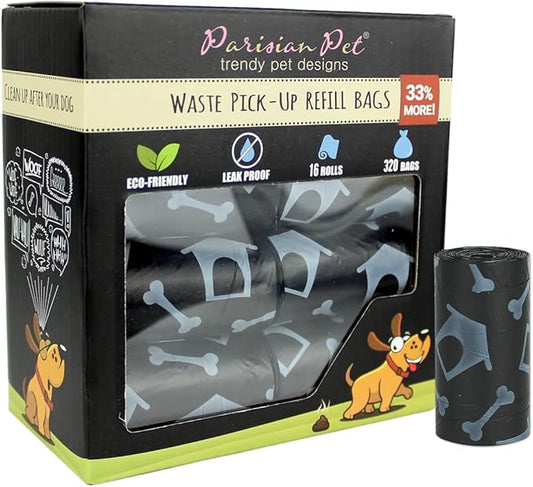 Parisian Pet Ecofriendly Dog Poop Bags Rolls - 320 Count Unscented Poop Bags For Dogs - Leakproof, Extra Thick, 16 Dog Waste Bags Refill Rolls - Dog House Black Doggie Poop Bags