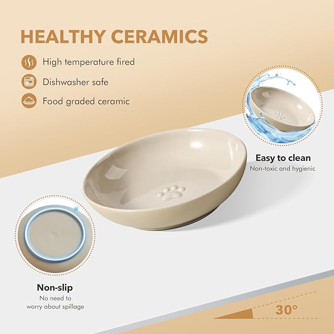 5.7'' Ceramic Wide Whisker Friendly Cat Dishes, Set of 3 Ceramic Cat Bowls, 3 Colors Indoor Kitten Feeding Food& Water Dish to Prevent Whisker Fatigue(3 Pcs)