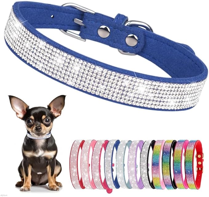Serijoars Small Dog Collar with Rhinestone Crystal Diamond Colorful Bling Girl Puppy Cat Collars (L, Dark Blue)