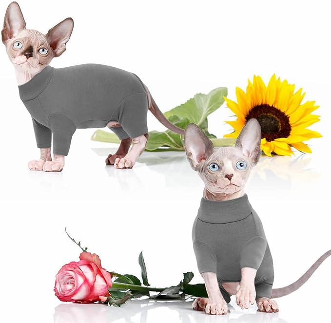 ROZKITCH Hairless Cat Clothes, Breathable Soft Jumpers for Sphynx Cats Only, Coat with Four Legs, Warm Sweater T-Shirt Pajamas Jumpsuit Vest Cornish Rex, Devon Rex, Peterbald Grey L