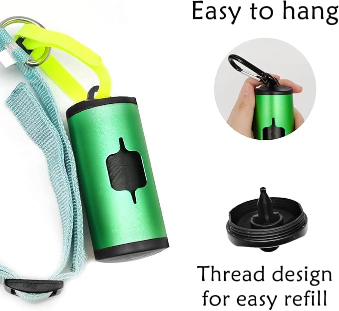 Metal Dog Poop Bag Holder Aluminum Dispenser for Leashes, Hiking & Travel, Lightweight Scratch-Resistant with 3 Attachments and 195 Bags (Emerald Green, 1 Holder 15 Bags)