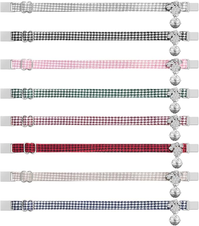 Personalized Breakaway Cat Collars - Magnetic Buckle, Bell - Safety Quick Release, Customized for Girls & Boys Cats- (Houndstooth-Khaki)