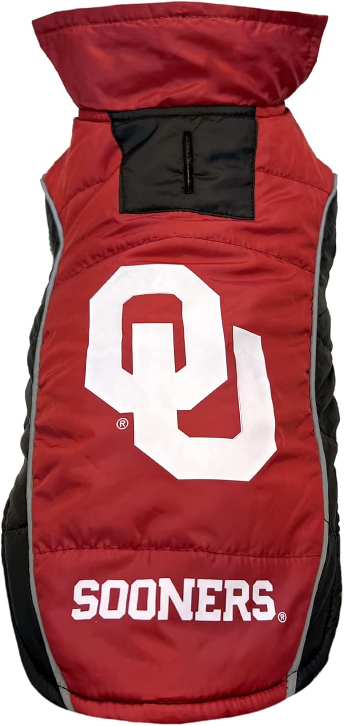 Pets First Collegiate Oklahoma Sooners Puffer Vest for Dogs & Cats. Size Small. Warm, Cozy, and Waterproof Dog Coat, for Small and Large Dogs/Cats.