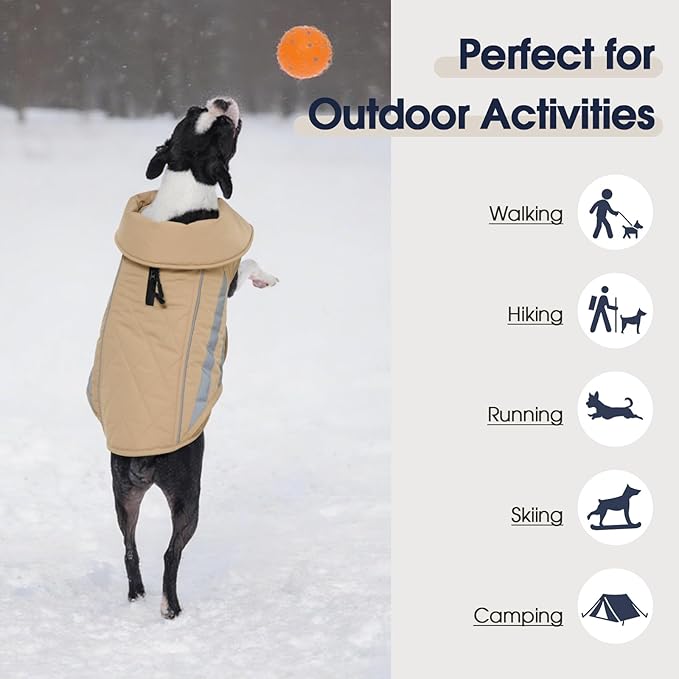 IECOii Dog Coat for Winter - Waterproof & Windproof, Adjustable & Reflective Jackets, Thermal Jacket for Camping, Climbing, Jogging, Khaki, Sizes XXXL