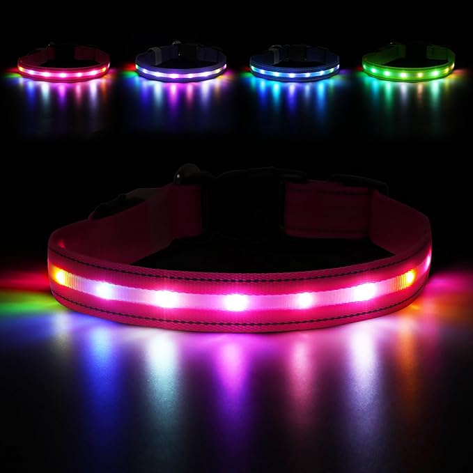 LED Dog Collar, Light Up Dog Collar, USB Rechargeable - Brightest Dog Lights for Night Walking, 6 Light Modes, Adjustable for Dog Safety(Medium, Candy Pink)
