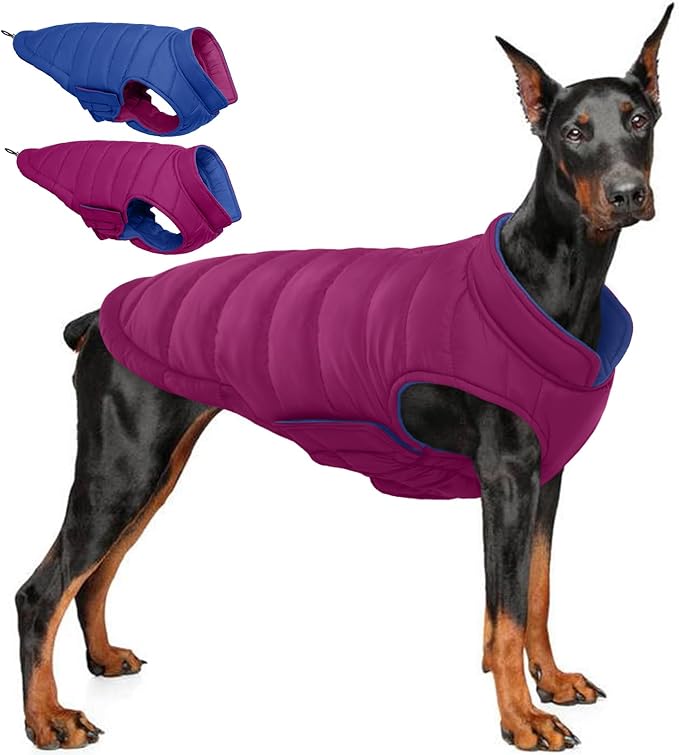 QBLEEV Reversible Dog Winter Coat, Waterproof Windproof Dog Jacket with Adjustable Fit & Leash Hole, Lightweight Warm Puffer Vest for Large Breeds, Purple, 2XL – Fits Labrador, Husky, Weimaraner