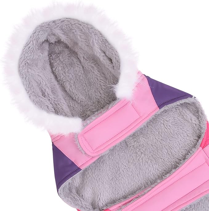 HDE Dog Puffer Jacket Fleece Lined Warm Dog Parka Winter Coat with Harness Hole Pink Stripe - L