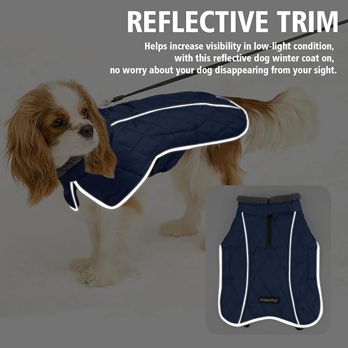 Fragralley Dog Coat Medium, Waterproof Dog Jacket with Warm Fleece Lining, Adjustable Reflective Dogs Winter Coat, Turtleneck Pet Coats for Cold Weather (Blue M)
