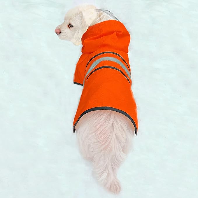 Dog Raincoat Waterproof Reflective Slicker - Lightweight Breathable Hooded Poncho Rain Coat Jacket with Adjustable Belly Strap and Leash Hole for Small Medium Large Dogs (Medium, Orange)