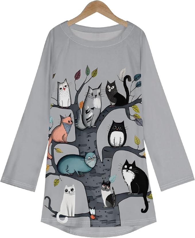 Womens Tunic Shirt Cute Cat Print Long Sleeve Round Neck Women T Shirts Cotton Casual Plus Size Vacation Tunics Tops