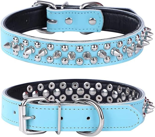 Adjustable Genuine Leather Spiked Studded Dog Collars for Small Medium Large Pets Like Pit Bull Bulldog Pugs Husky (S, Light Blue)