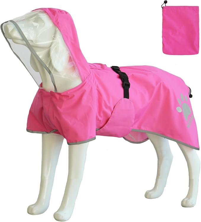 MAMORE Dog Raincoat Hooded Rain Jacket for Small Medium Large Dogs Slicker Poncho Bottom Waterproof Adjustable Reflective Breathable Leash Hole (Pink, Small)