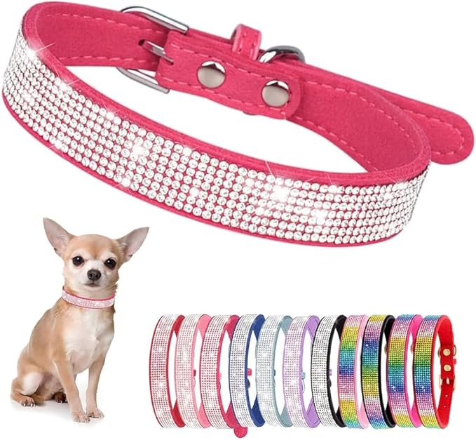 Serijoars Small Dog Collar with Rhinestone Crystal Diamond Colorful Bling Girl Puppy Cat Collars (XS, Hot Pink)