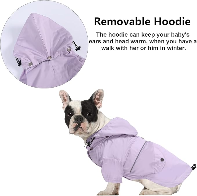 Morezi Dog Zip Up Raincoat with Reflective Buttons, Rain/Water Resistant, Adjustable Drawstring, Removable Hood, Raincoats with Legs 8lbs to 80lbs Available - Purple - L