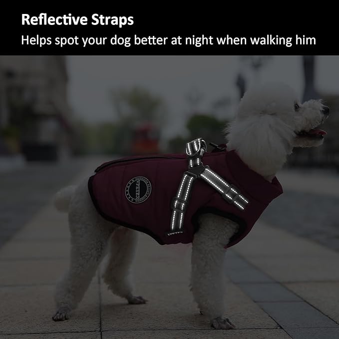 Dog Winter Coat,Warm Jacket Paded Fleece Pet Vest with Built in Harness, Windproof Reflective Cozy Adjustable Snow Pet Coat Clothes with Zipper for Small Medium Large Dogs