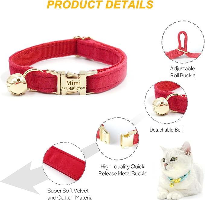 Colorful Cute Cat Collars for Boys Cats, Optional Bowtie,Cat Collar Personalized with Name Tag & Bells,Soft Durable Custom Kitten Collars for Small Large Cats (Peacock Green)