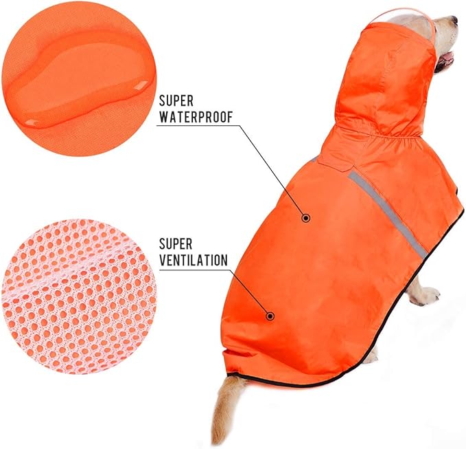 Dog Raincoat with Adjustable Belly Strap and Leash Hole - Hoodie with Reflective Strip - Waterproof Slicker Lightweight Breathable Rain Poncho Jacket for Medium Large Dogs - Easy to Wear, Orange 6XL