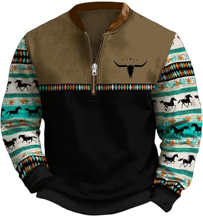 HOTYD Aztec Cowboy Jacket Men Vintage Bullhorn Printed Oversized Western Sweatshirt Long Sleeve Quarter Zip Pullover