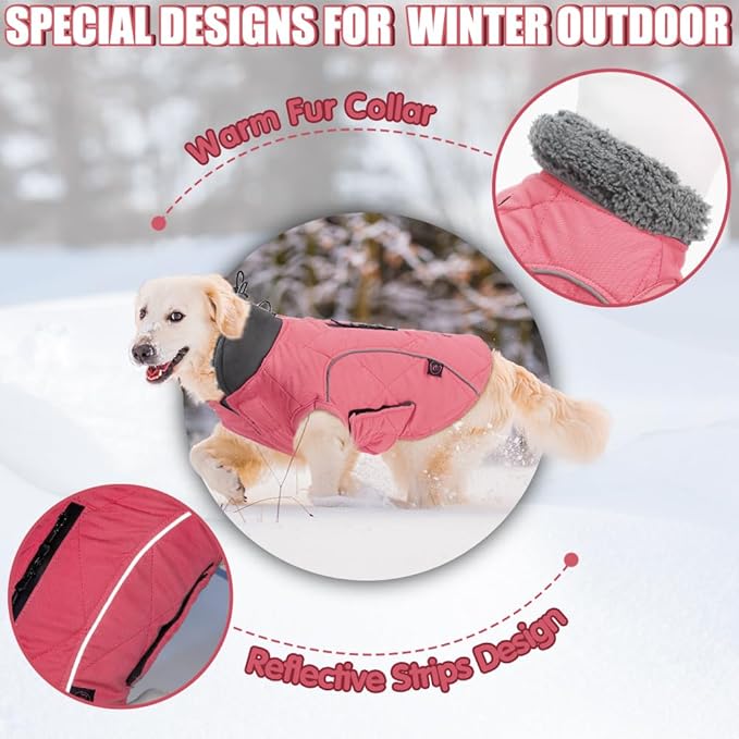 EMUST Thick Winter Dog Coat for Medium Boys with Harness Hole - Cold Weather Clothes, Pink, M
