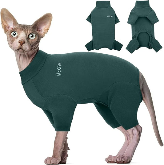 ROZKITCH Hairless Cat Clothes, Breathable Soft Jumpers for Cats Only, Coat with Four Legs, Warm Sweater T-Shirt Pajamas Jumpsuit Vest Cornish Rex Devon Rex Peterbald DarkGreen XL