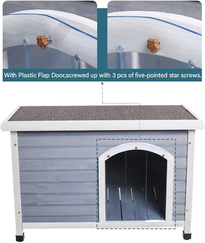 Petsfit Large Dog House, Wooden Outdoor Dog Kennel w/Hinged Roof, Weatherproof Dog Houses for Medium Dogs Outside w/Adjustable Foot Pads, 40.8" L X 26" W X 27.6" H, Grey
