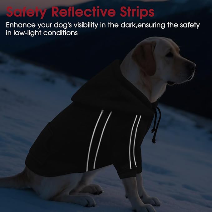 ASENKU Cozy Dog Hoodie，Soft Sweater with Adjustable Hood, Back Pocket and Leash Access Hole，Warm Reflective Sweatshirt for Cold Weather（Black，XL