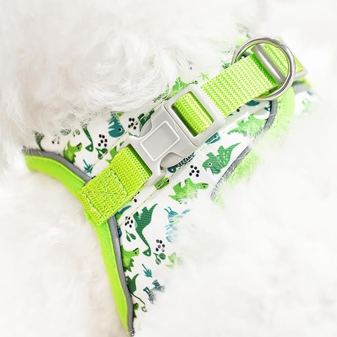 Step in Dog Harness and Leash Set, Flower Adjustable Easy Walk Puppy Harnesses, Soft Mesh Pet Vest Harness Small Size Dog Adjustable No Pull Dog Harness for Small Medium Dogs(Dinosaur, S)