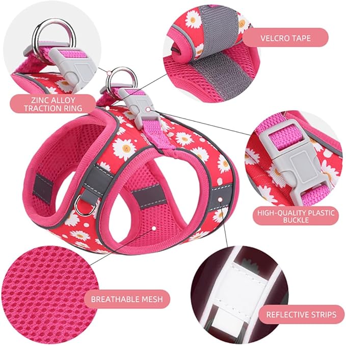 Step in Dog Harness and Leash Set, Flower Adjustable Easy Walk Puppy Harnesses, Soft Mesh Pet Vest Harness Small Size Dog Adjustable No Pull Dog Harness for Small Dogs and Cats(Rose red, XS)
