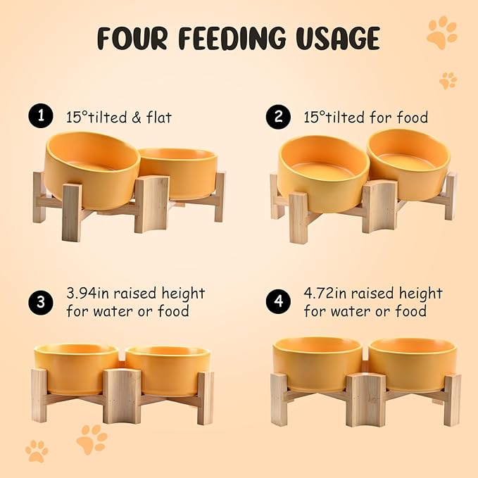 SPUNKYJUNKY 15° Slanted Ceramic Dog and Cat Bowl with Wooden Stand, Tilted Bulldog Food and Water Bowl No Slip Non-Spill for Cats Medium Dogs Big Face Pets 28.7 OZ (3.6 Cups, Yellow × 2)