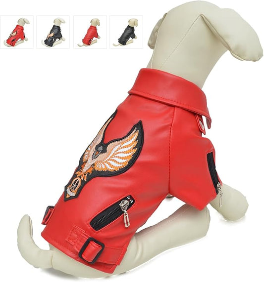Lovelonglong Cool Dog Leather Jacket, Warm Coats Dogs Windproof Cold Weather Coats for Large Medium Small Dogs with Eagle Embroidery Red XL