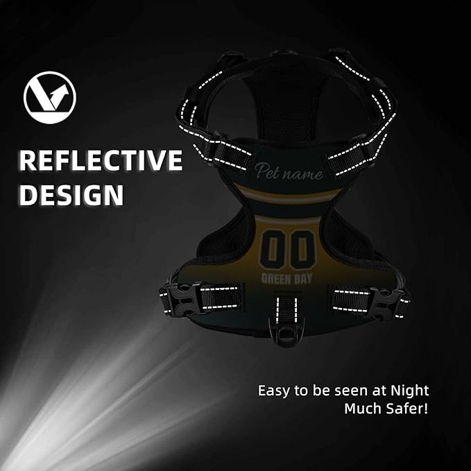 Custom Green Bay Dog Harness with Reflective Stripes Personalized Name and Number Dog Vest Harness with Pet Traction Rope for Small Medium Large Dog