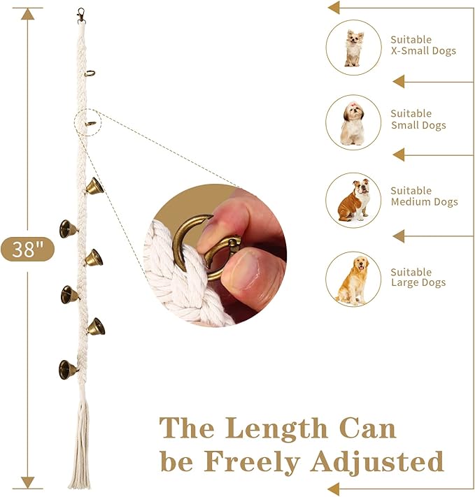 Dog Bell for Door Potty Training, Cotton Handwoven Dog Doorbell with 6 Extra Loud Bells for Dog Training, Adjustable Hanging Door Bell for Small Medium Large Dogs to Ring to Go Outside, Beige