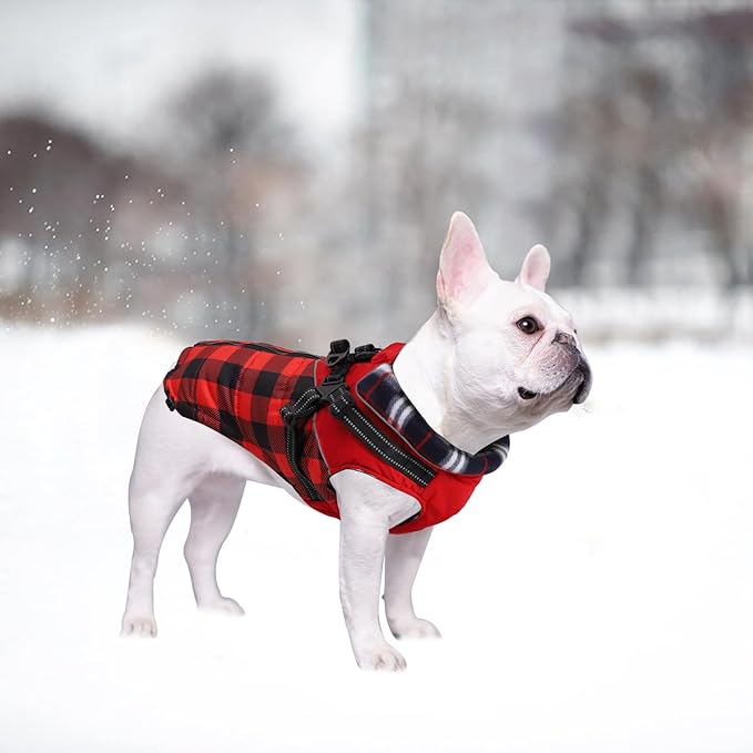 Dog Coat with Harness,Small Dog Winter Coat,Doggie Jackets with Built in Harness,Adjustable Warm Jacket for Medium Large Dogs,Pet Puppy Cold Weather Coats for Dogs Waterproof (PlaidRed, Large)